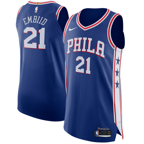 Nike 76ers #21 Joel Embiid Blue NBA Authentic Icon Edition Jersey ...
